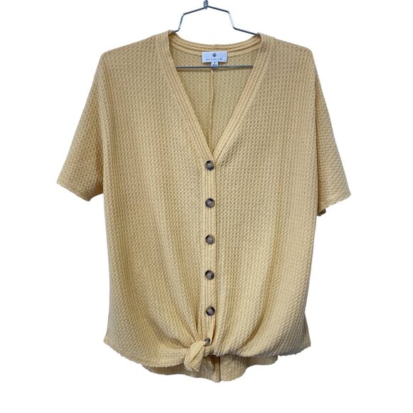 Socialite Top Size Small Short Sleeve Button Front Waffle Knit Tie Front Yellow - Picture 1 of 6